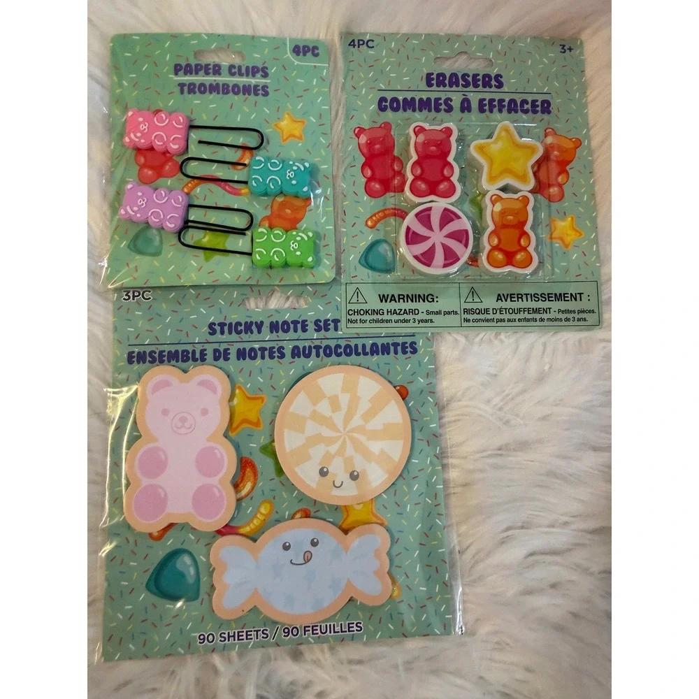 Gummy Bear Candy Stationery Set Paper Clips Erasers Sticky Notes 3pc Bundle